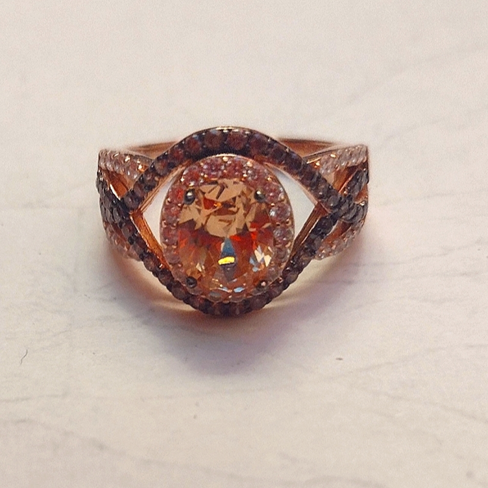 925 Sterling Silver Filled Rose Toned Ring w/ Round Champagne CZ Stone